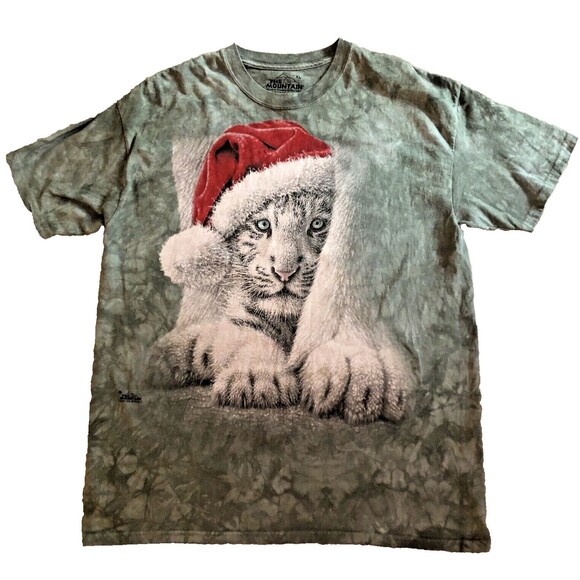 The Mountain Sheltered White Tiger Cub Santa Hat T-Shirt Mens XL Holiday Cotton - Picture 1 of 11
